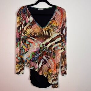 Mesmerize Womens Colorful Boho Sheer Asymetric Hem Tunic Top Large Y2K Patchwork